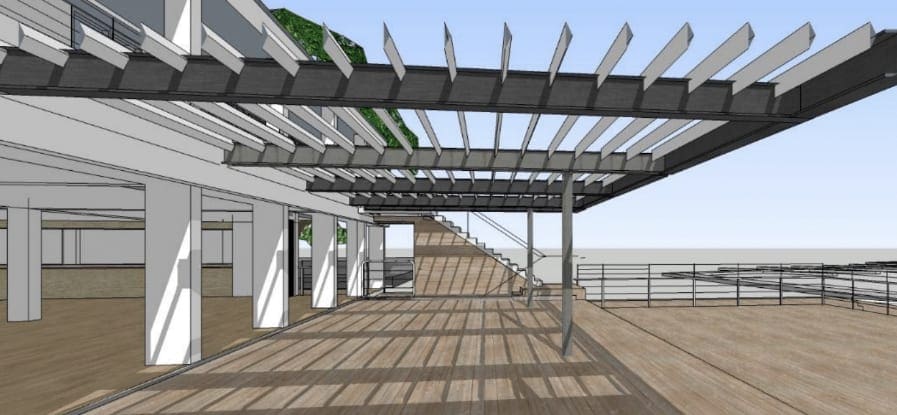 A new operable slat roof covers the main deck with the stairs relocated to the park side of the Clubhouse.